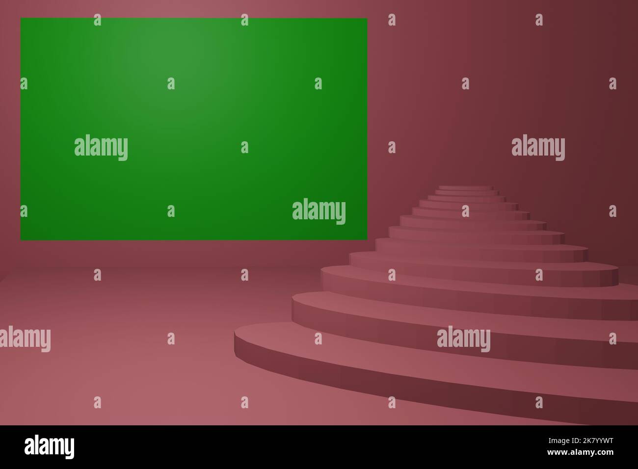 escalier et touche verte de chroma à l'arrière-plan, rendu de l'affiche de cinéma 3d. Banque D'Images