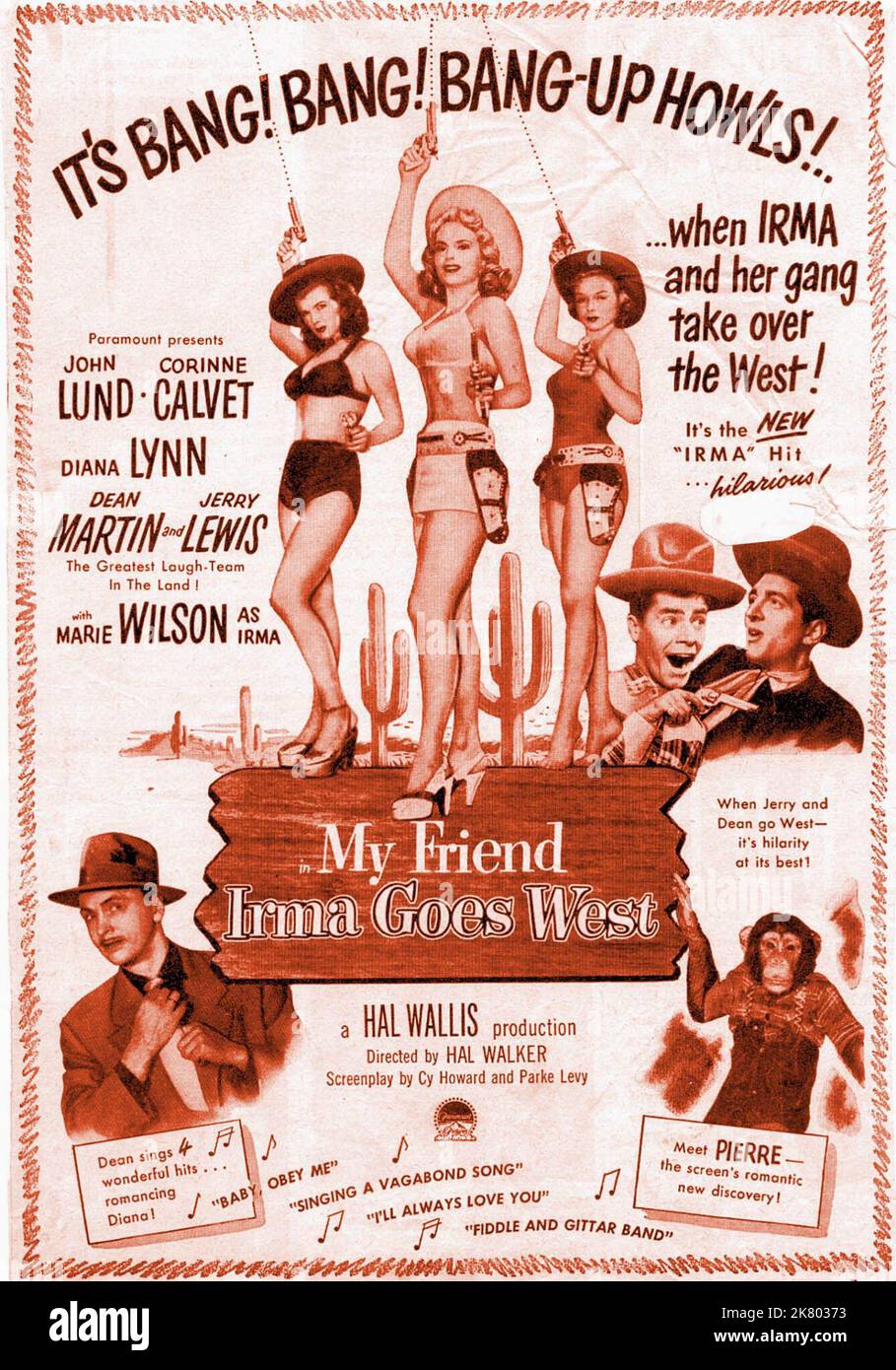 Film Poster film My Friend Irma Goes West (1953) réalisateur : Hal Walker 26 juin 1950 **AVERTISSEMENT** cette photographie est à usage éditorial exclusif et est la propriété de PARAMOUNT et/ou du photographe désigné par la société de production et ne peut être reproduite que par des publications en liaison avec la promotion du film ci-dessus. Un crédit obligatoire à PARAMOUNT est requis. Le photographe doit également être crédité lorsqu'il est connu. Aucune utilisation commerciale ne peut être accordée sans autorisation écrite de The film Company. Banque D'Images
