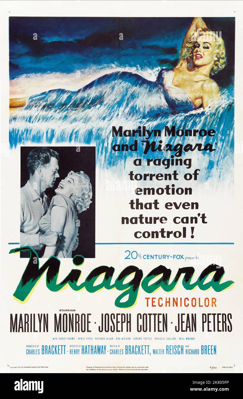 Joseph Cotton & Marilyn Monroe Poster film: Niagara (USA 1953) Directeur: Henry Hathaway 21 janvier 1953 **AVERTISSEMENT** cette photographie est à usage éditorial exclusif et est le droit d'auteur de 20th CENTURY FOX et/ou le photographe assigné par la Société du film ou de la production et ne peut être reproduite que par des publications dans le cadre de la promotion du film ci-dessus. Un crédit obligatoire à 20th CENTURY FOX est requis. Le photographe doit également être crédité lorsqu'il est connu. Aucune utilisation commerciale ne peut être accordée sans l'autorisation écrite de la Société du film. Banque D'Images