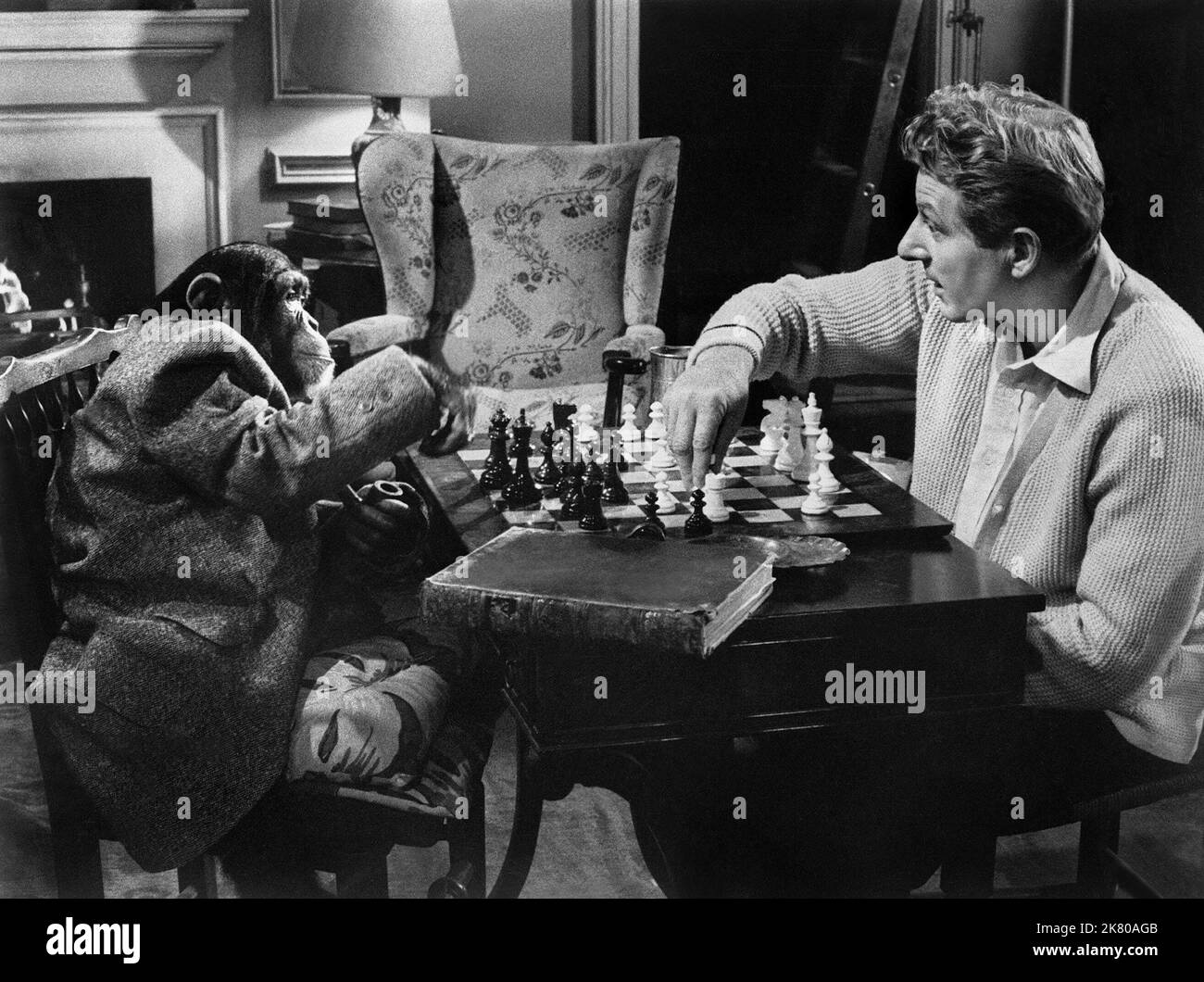 Chimpanzé & Danny Kaye film Merry Andrew (1950) personnages : & Andrew Larabee 20 mars 1958 **AVERTISSEMENT** cette photographie est réservée à un usage éditorial et est la propriété de MGM et/ou du photographe désigné par le film ou la société de production et ne peut être reproduite que par des publications en liaison avec la promotion du film ci-dessus. Un crédit obligatoire à MGM est requis. Le photographe doit également être crédité lorsqu'il est connu. Aucune utilisation commerciale ne peut être accordée sans autorisation écrite de The film Company. Banque D'Images