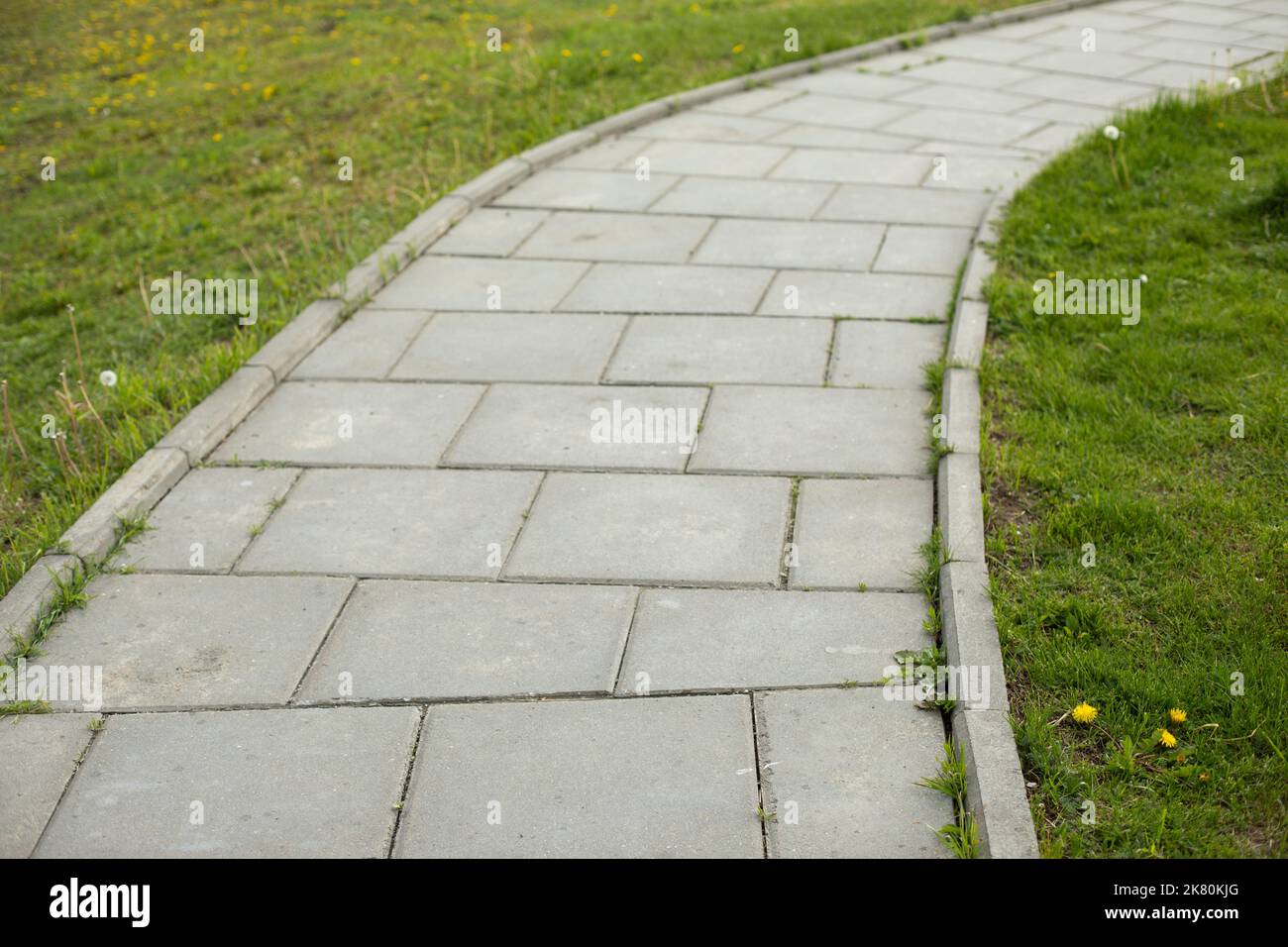 Chemin dans le parc. Sentier de tuiles à travers le parc. Détails de la zone piétonne. Endroit pour marcher. Carreaux en pierre. Banque D'Images