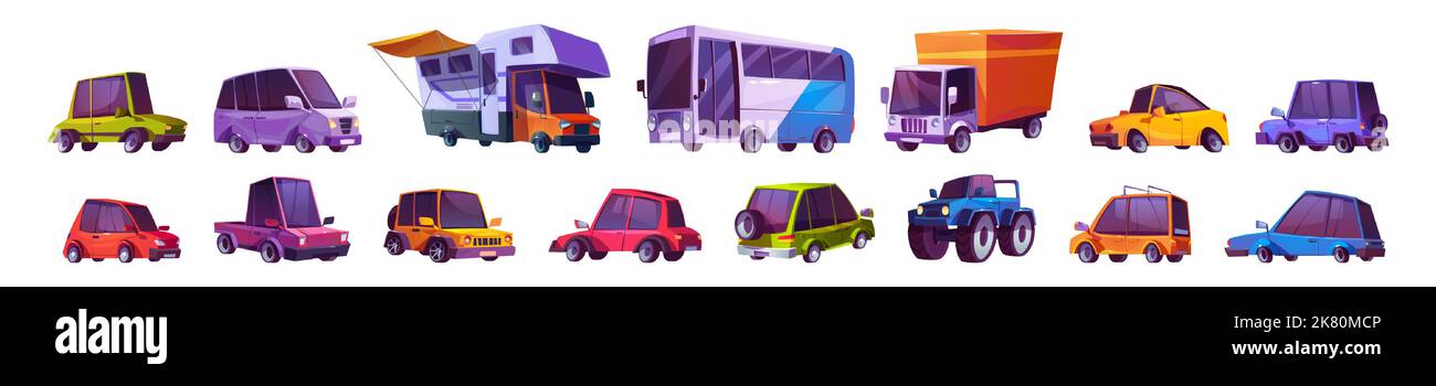 Ensemble de voitures de dessin animé, automobiles modernes, bus, camion monstre, camion, café sur roues, modes de transport du réfrigérateur. Véhicules automobiles isolés avec berline ou cabine à hayon illustration vectorielle Illustration de Vecteur