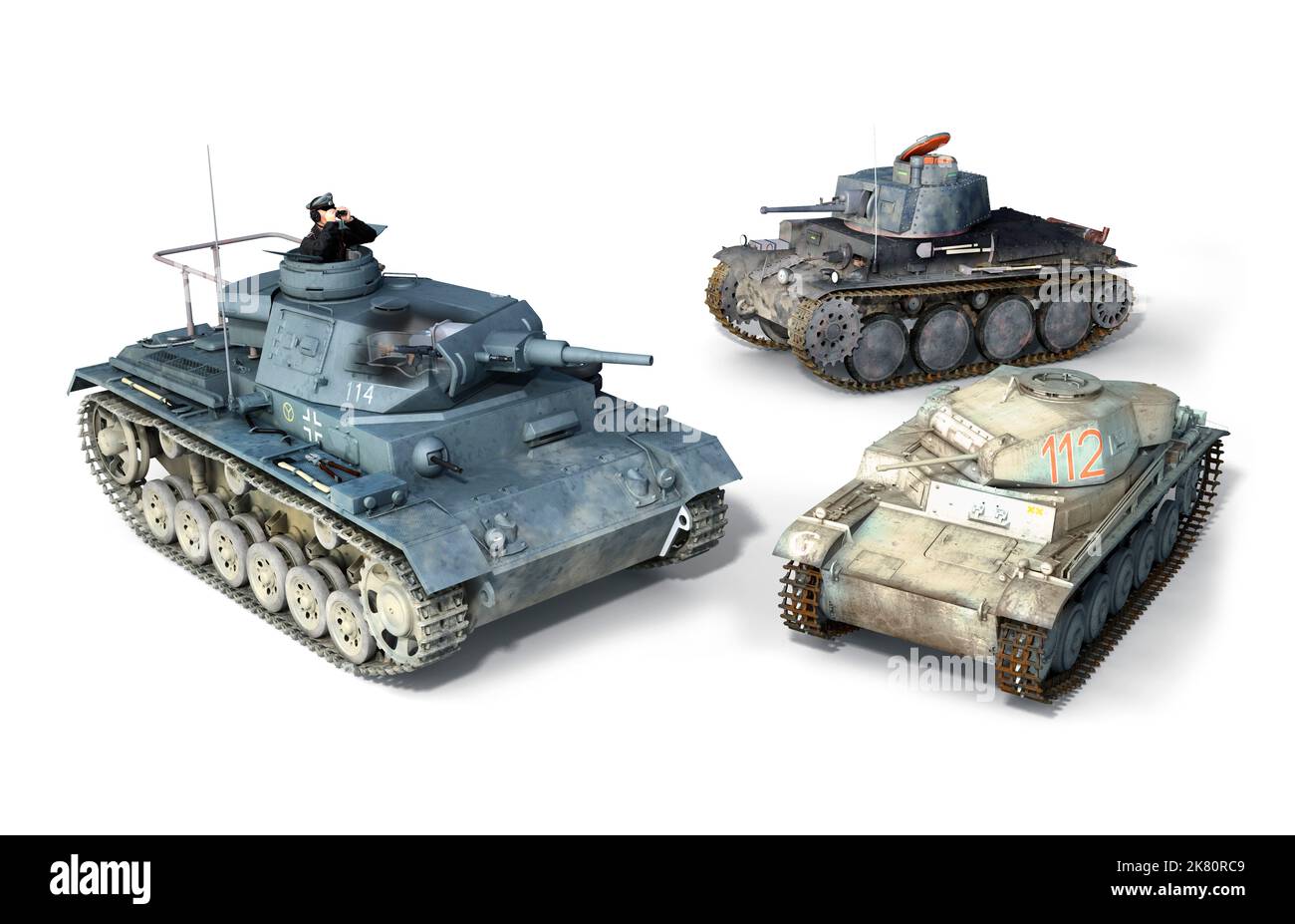 Les principaux chars de l'armée allemande pendant la Seconde Guerre mondiale; le Panzer léger II, le Panzer moyen II et le Pz 38. Banque D'Images