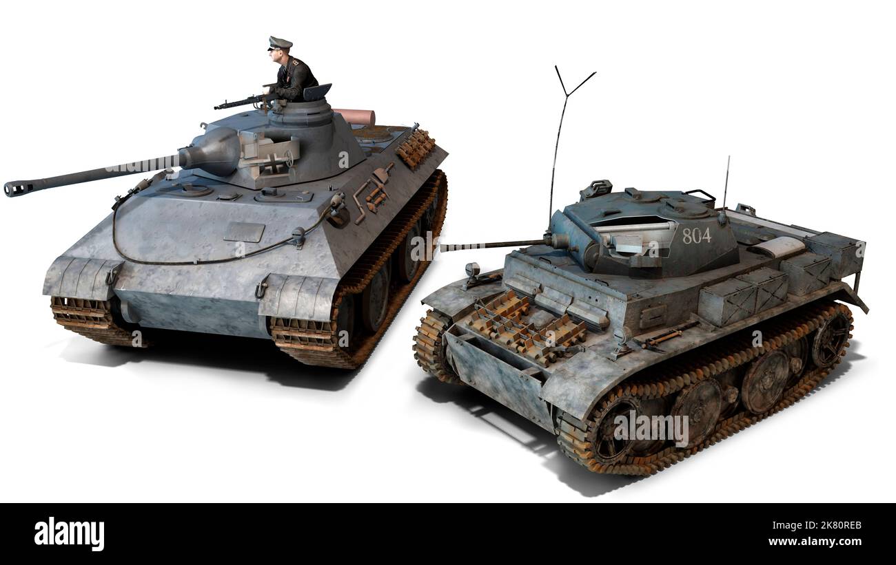 Illustration de deux chars Panzer, le Leopard VK1602 et le Panzer II Luchs. Banque D'Images