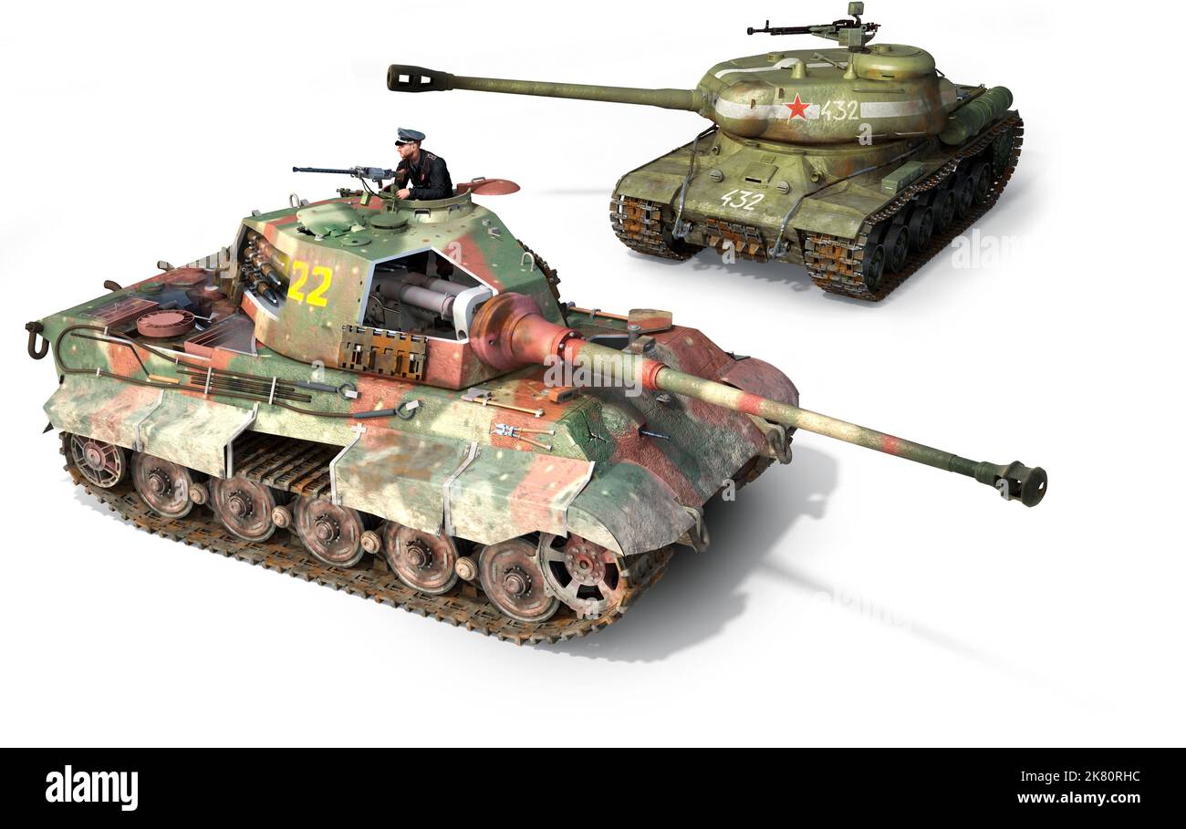 Les derniers chars lourds utilisés pendant la Seconde Guerre mondiale : le Panzer VIB Tiger II allemand et le Soviet IS-2. Banque D'Images
