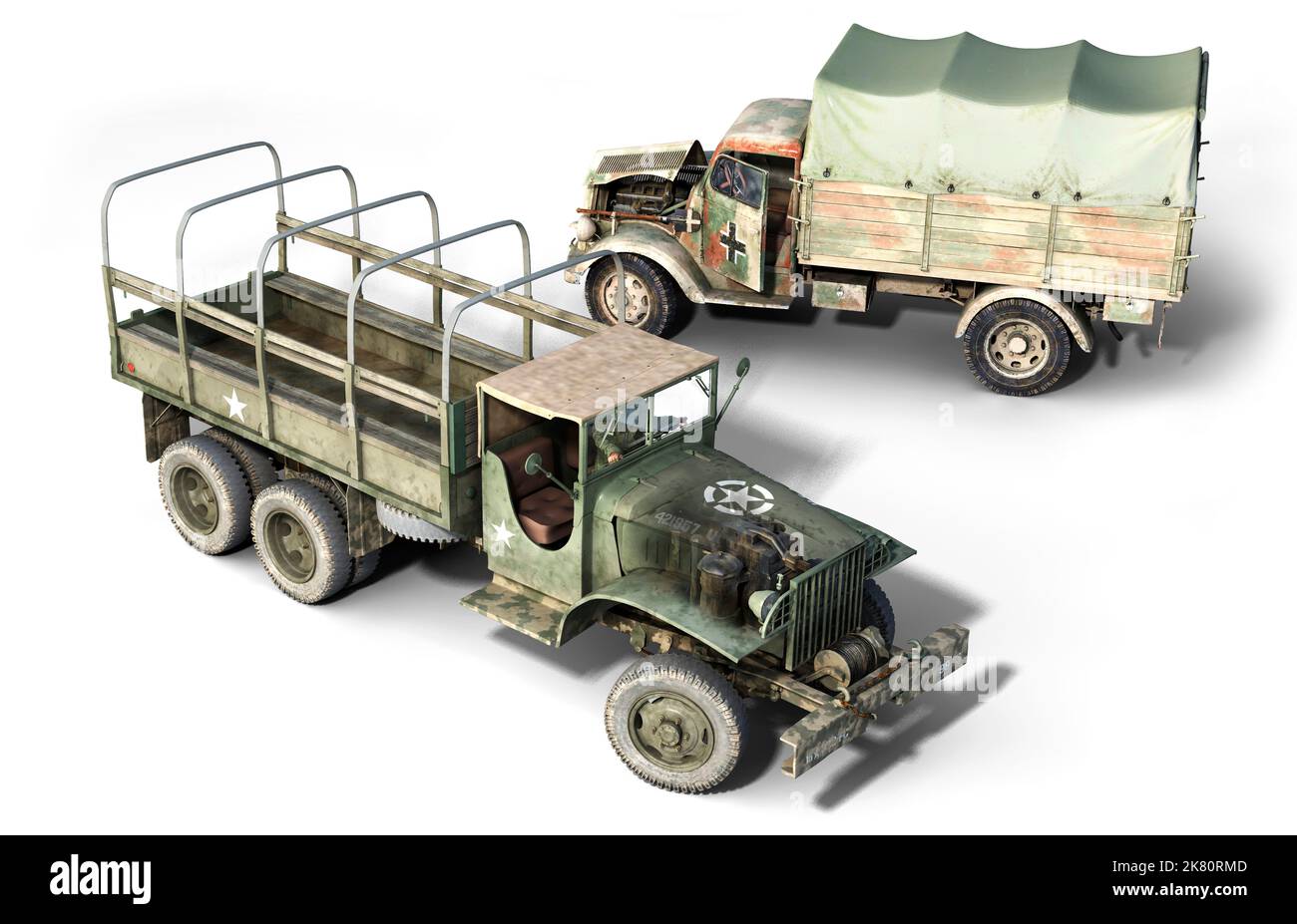 Deux des camions les plus utilisés pendant la Seconde Guerre mondiale : le CCKW de General Motors et le Blitz d'Opel allemand. Banque D'Images