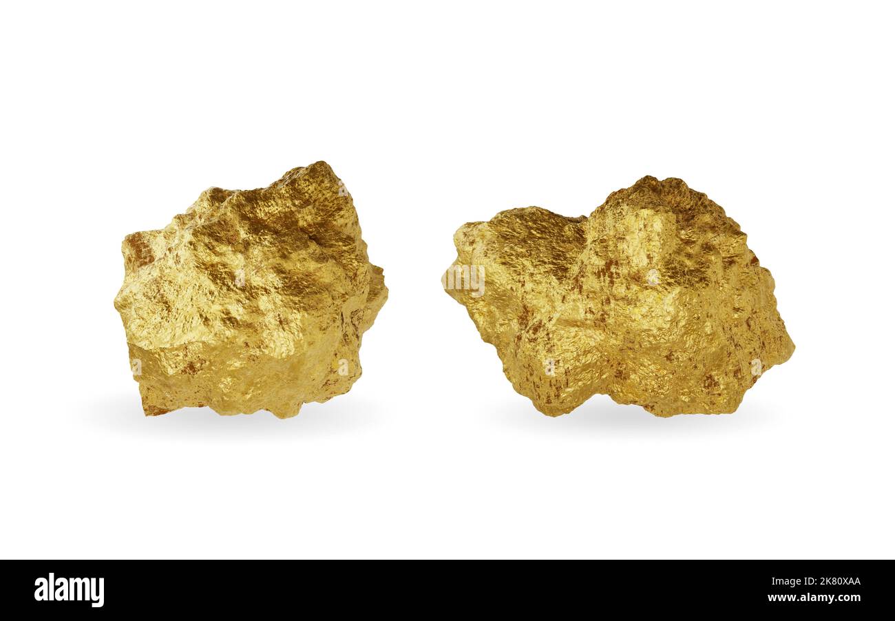Deux gros nuggets dorés isolés sur fond blanc, rendu 3D Banque D'Images