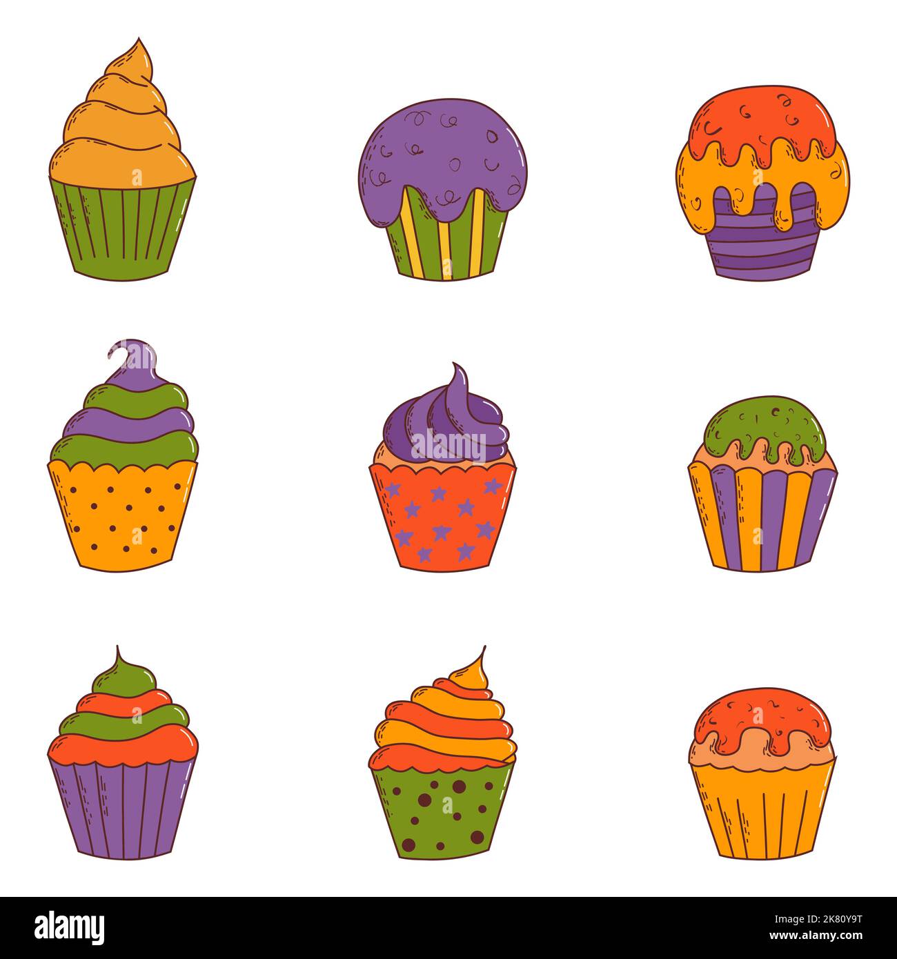 Cupcakes d'halloween mignons. Éléments d'Halloween. Concept Trick or Treat. Illustration vectorielle de style dessiné à la main. Illustration de Vecteur