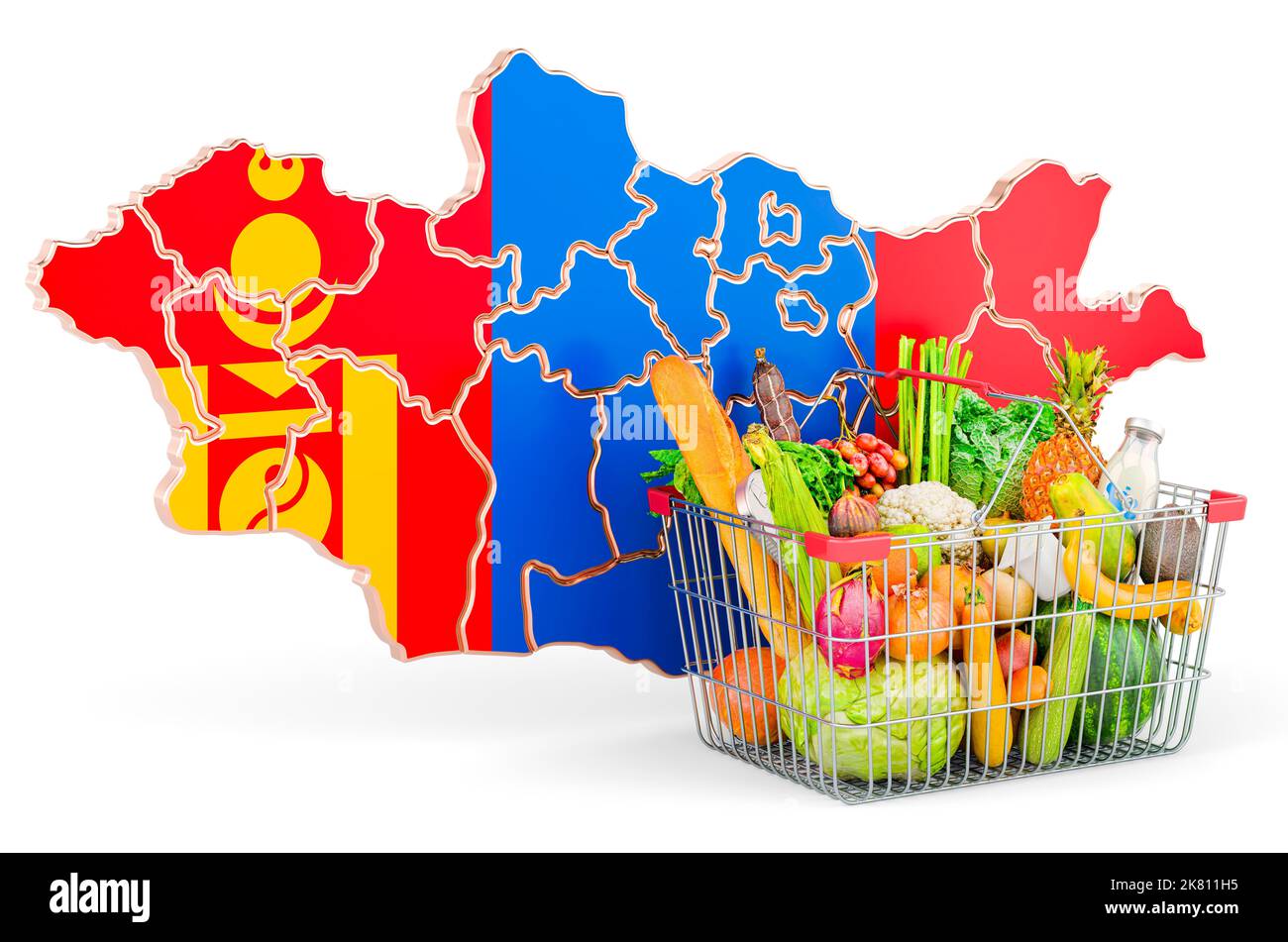 Pouvoir d'achat et panier de marché en Mongolie concept. Panier avec carte mongole, 3D rendu isolé sur fond blanc Banque D'Images