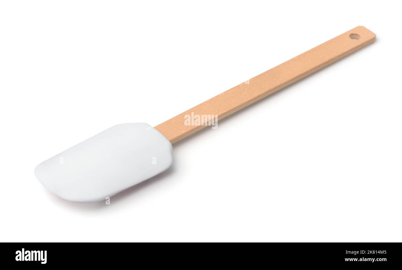 Spatule de cuisine en silicone avec manche en bois isolé sur blanc Banque D'Images