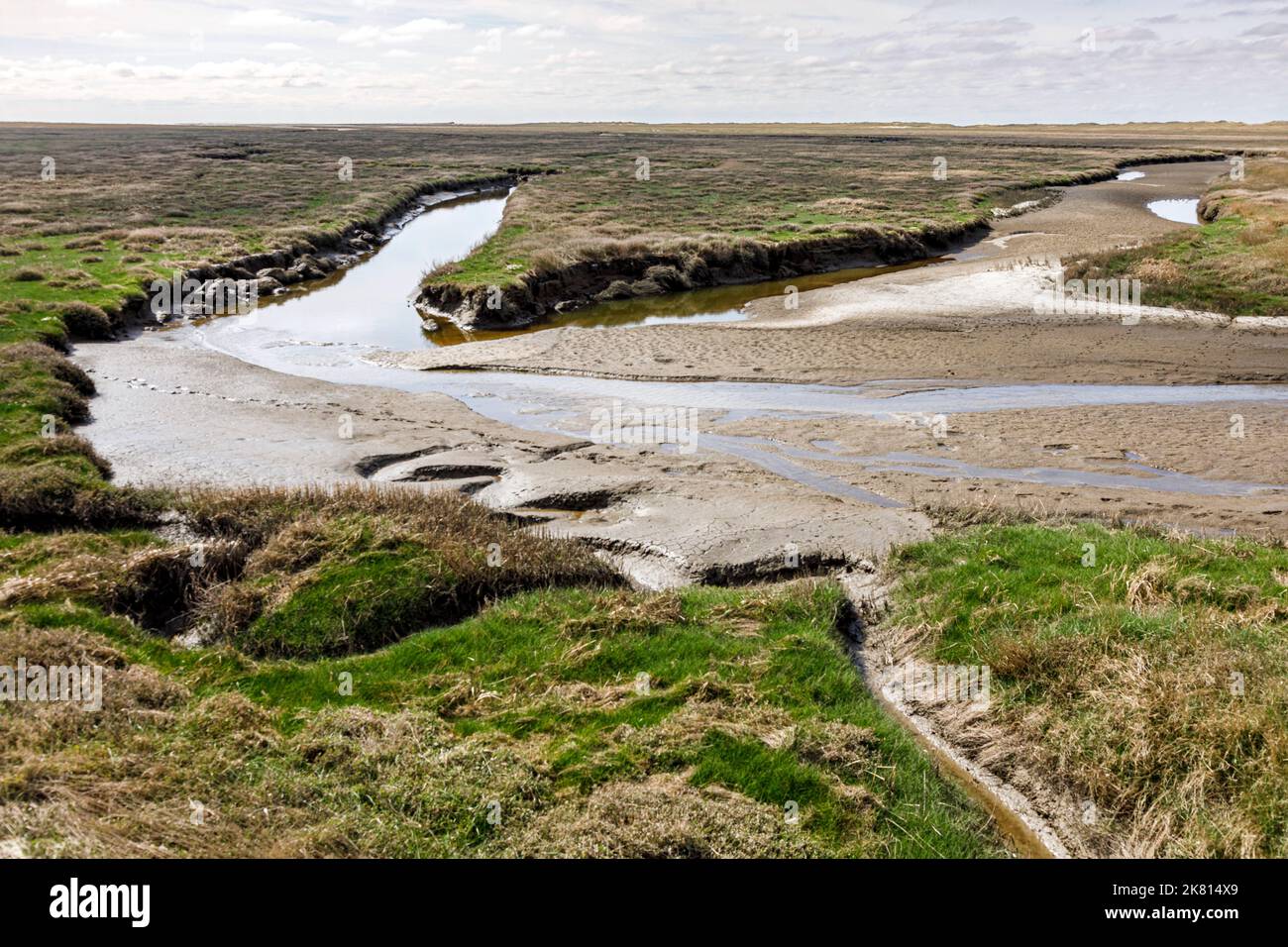 Bassin de marée dans les marais salants entre les bancs de sable et les dunes en face du Sankt Peter-Ording Banque D'Images