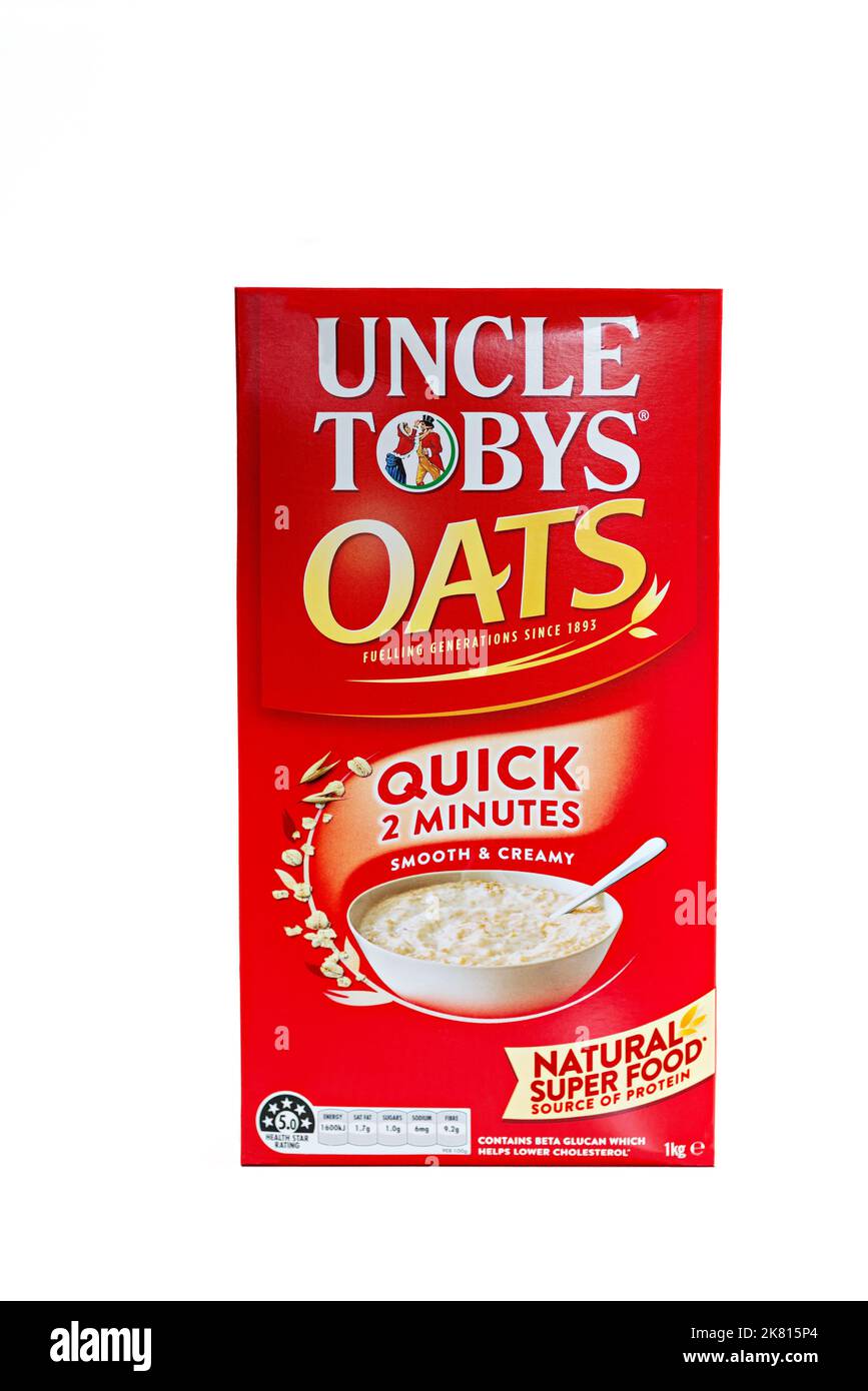 Nourriture / Une boîte d'Oncle Tobys Oats, une céréale de petit déjeuner à haute protéine. Banque D'Images