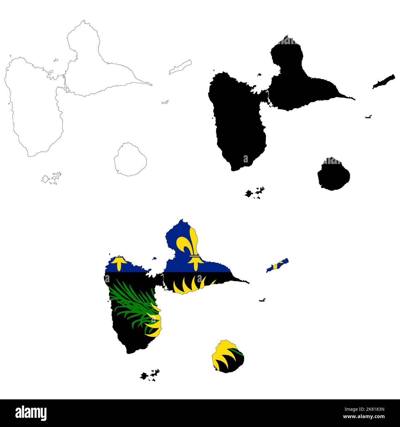 Carte de la Guadeloupe avec drapeau. Carte de la Guadeloupe. Silhouette