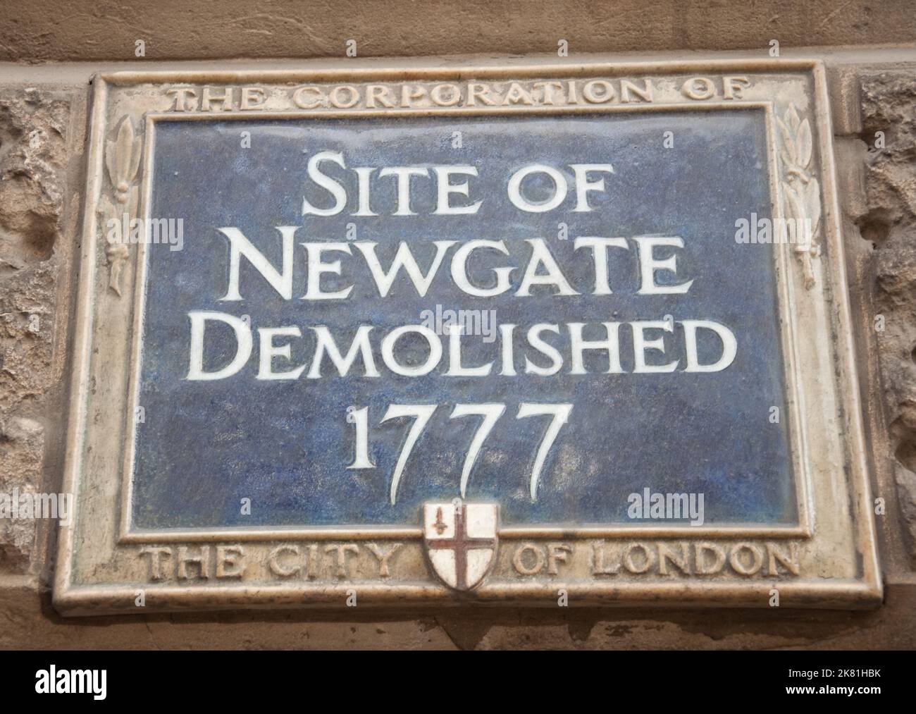 Plaque indiquant le site d'origine de la prison de Newgate. Londres, Royaume-Uni. Banque D'Images