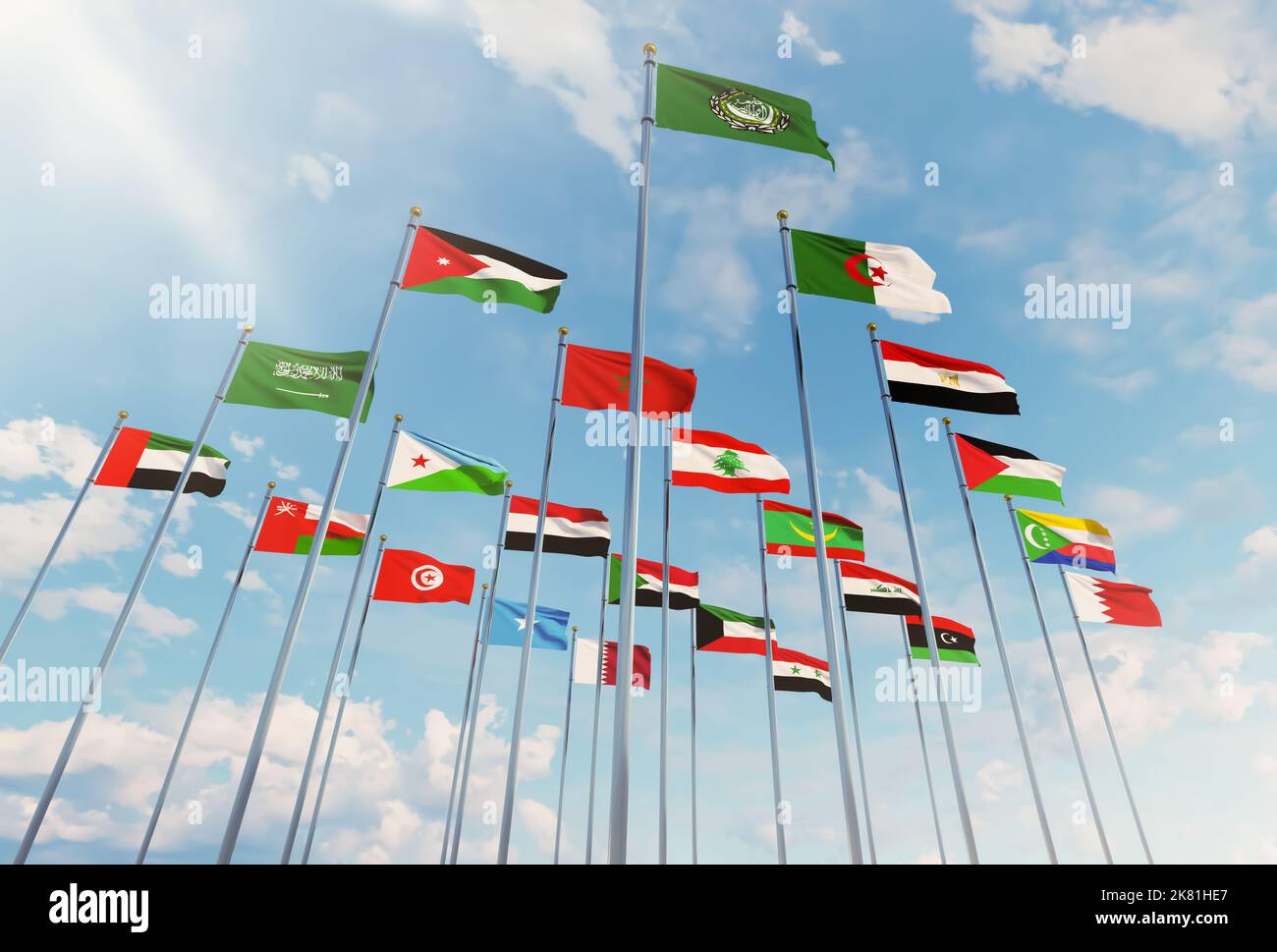Ligue des États arabes, les drapeaux des 22 pays arabes s'élantent dans le ciel avec le drapeau de la Ligue des États arabes Banque D'Images