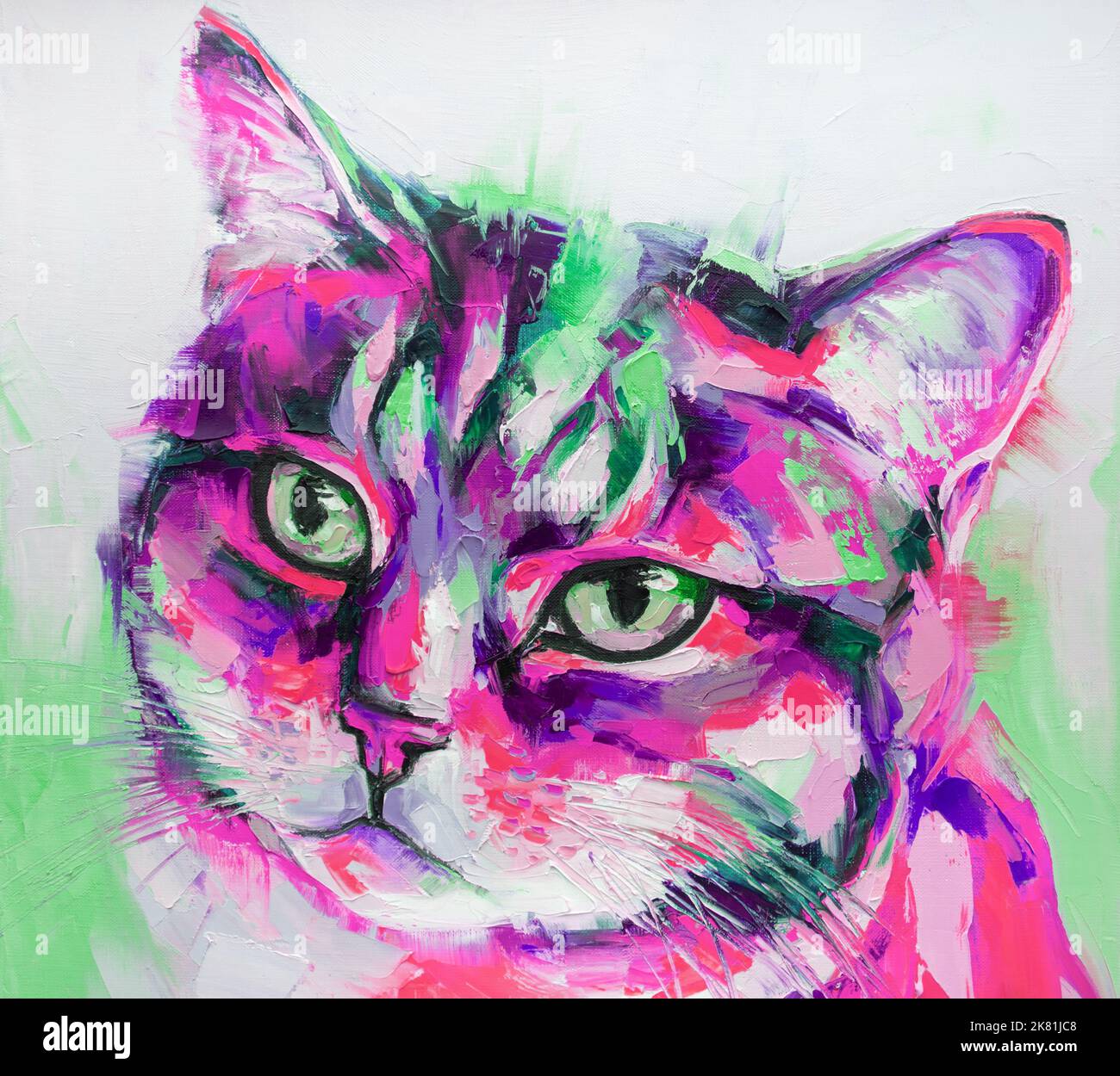 Peinture de portrait de chat d'huile dans des tons multicolores. Peinture abstraite conceptuelle. Gros plan huile de peinture et couteau à palette sur toile. Banque D'Images
