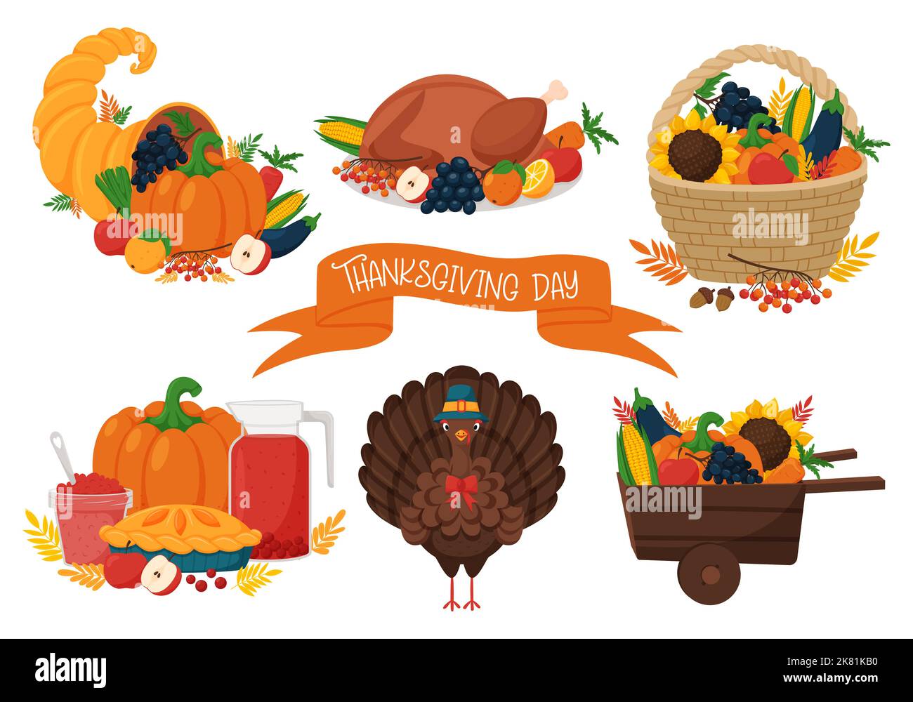Une composition avec des symboles de Thanksgiving, un plat avec dinde rôtie, un panier avec des légumes et des fruits, une corne d'abondance, une dinde dans un chapeau. Bande dessinée v Illustration de Vecteur