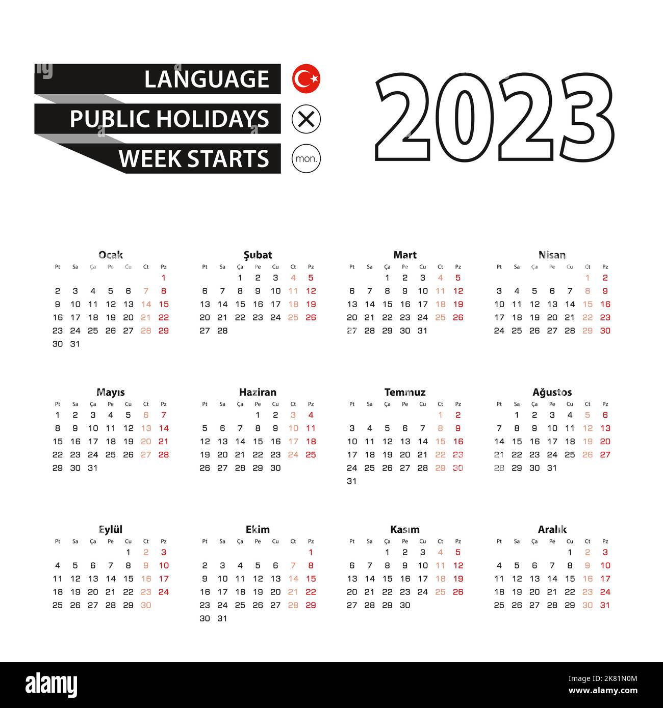 Calendrier 2023 en langue turque, la semaine commence le lundi. Calendrier vectoriel 2023 ans. Illustration de Vecteur