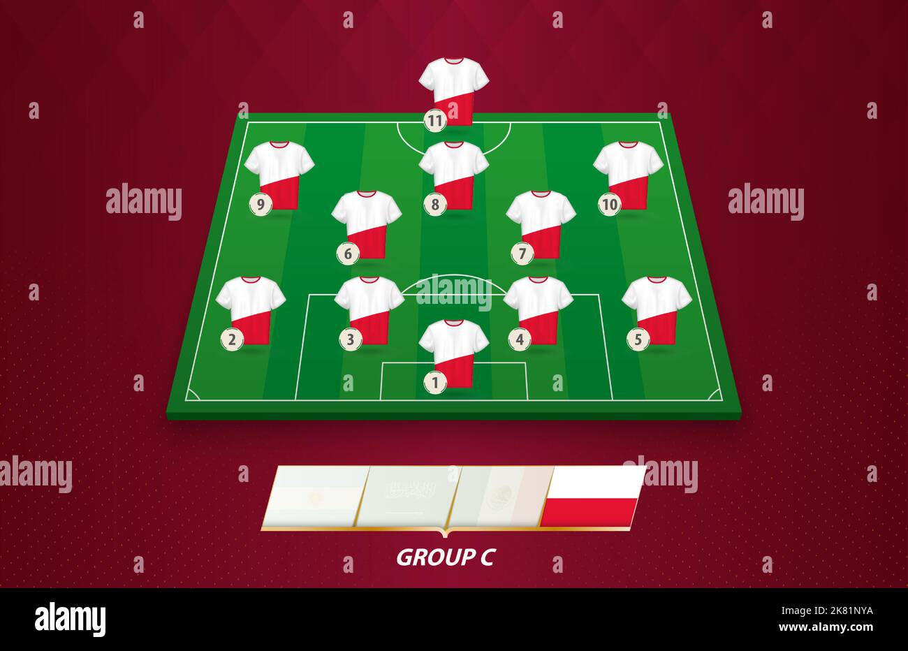 Terrain de football avec équipe de Pologne pour la compétition européenne. Joueurs de football sur un demi-terrain de football. Illustration de Vecteur