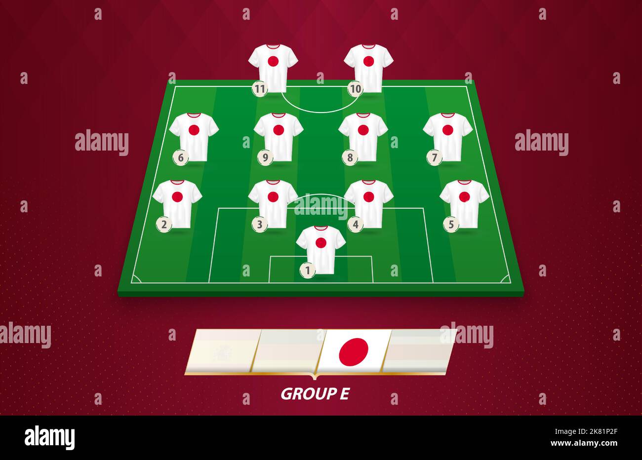 Terrain de football avec équipe japonaise pour la compétition européenne. Joueurs de football sur un demi-terrain de football. Illustration de Vecteur