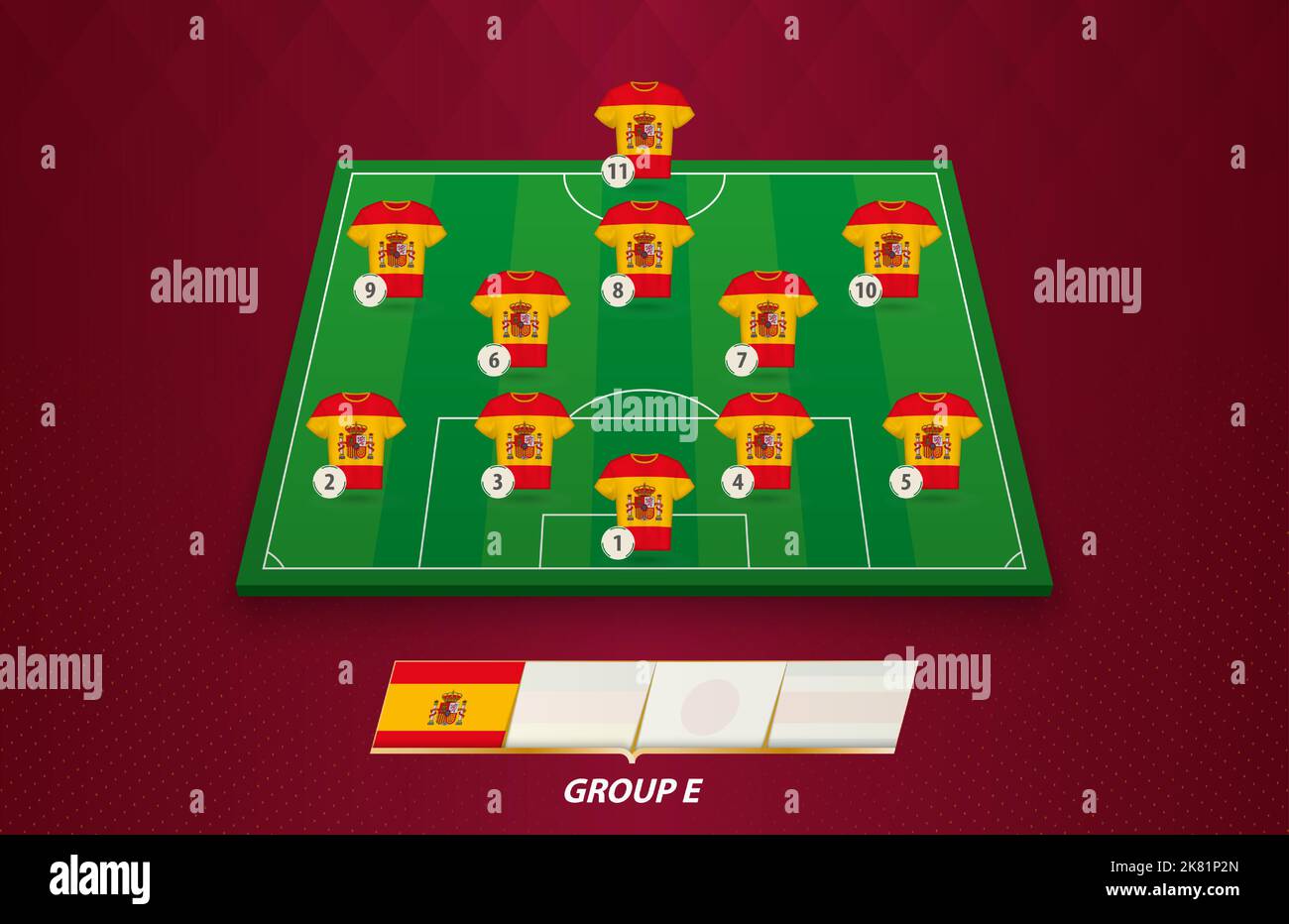Terrain de football avec équipe espagnole pour la compétition européenne. Joueurs de football sur un demi-terrain de football. Illustration de Vecteur