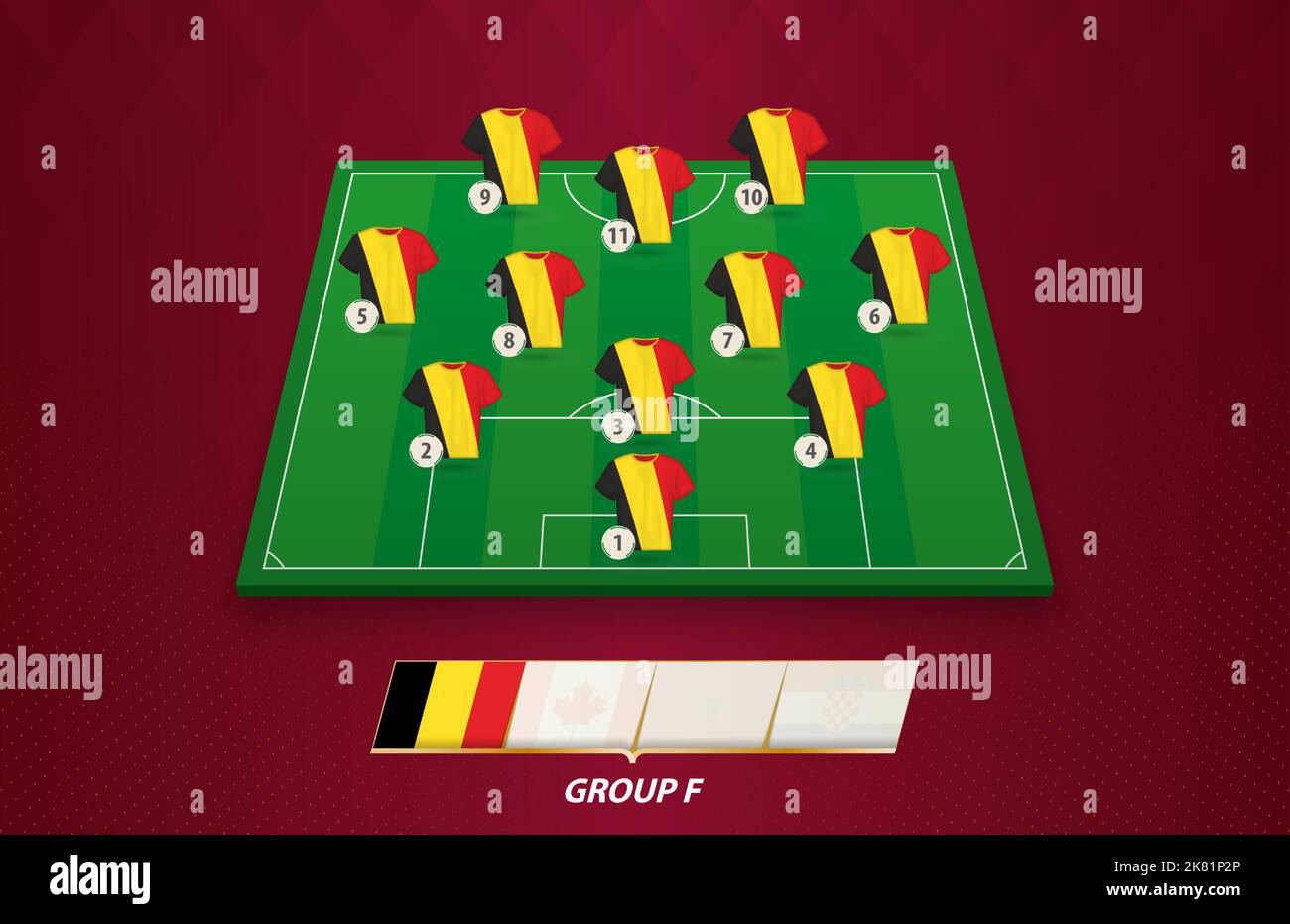 Terrain de football avec équipe belge pour la compétition européenne. Joueurs de football sur un demi-terrain de football. Illustration de Vecteur