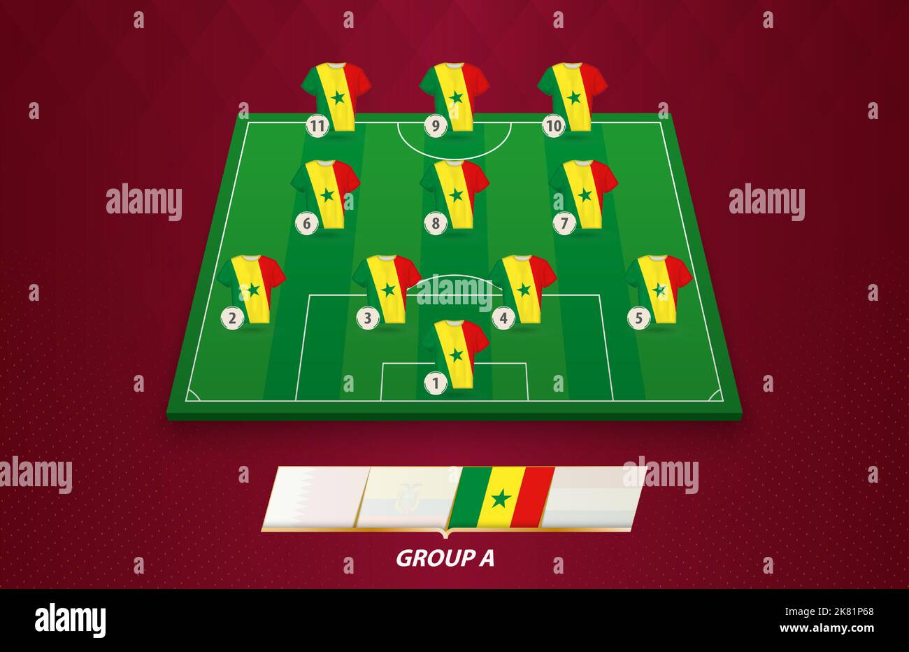Terrain de football avec équipe du Sénégal pour la compétition européenne. Joueurs de football sur un demi-terrain de football. Illustration de Vecteur