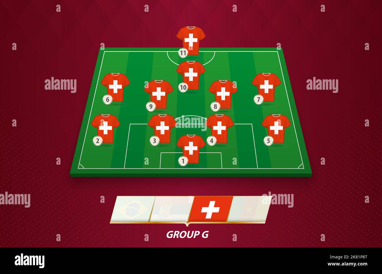 Terrain de football avec équipe suisse pour la compétition européenne. Joueurs de football sur un demi-terrain de football. Illustration de Vecteur