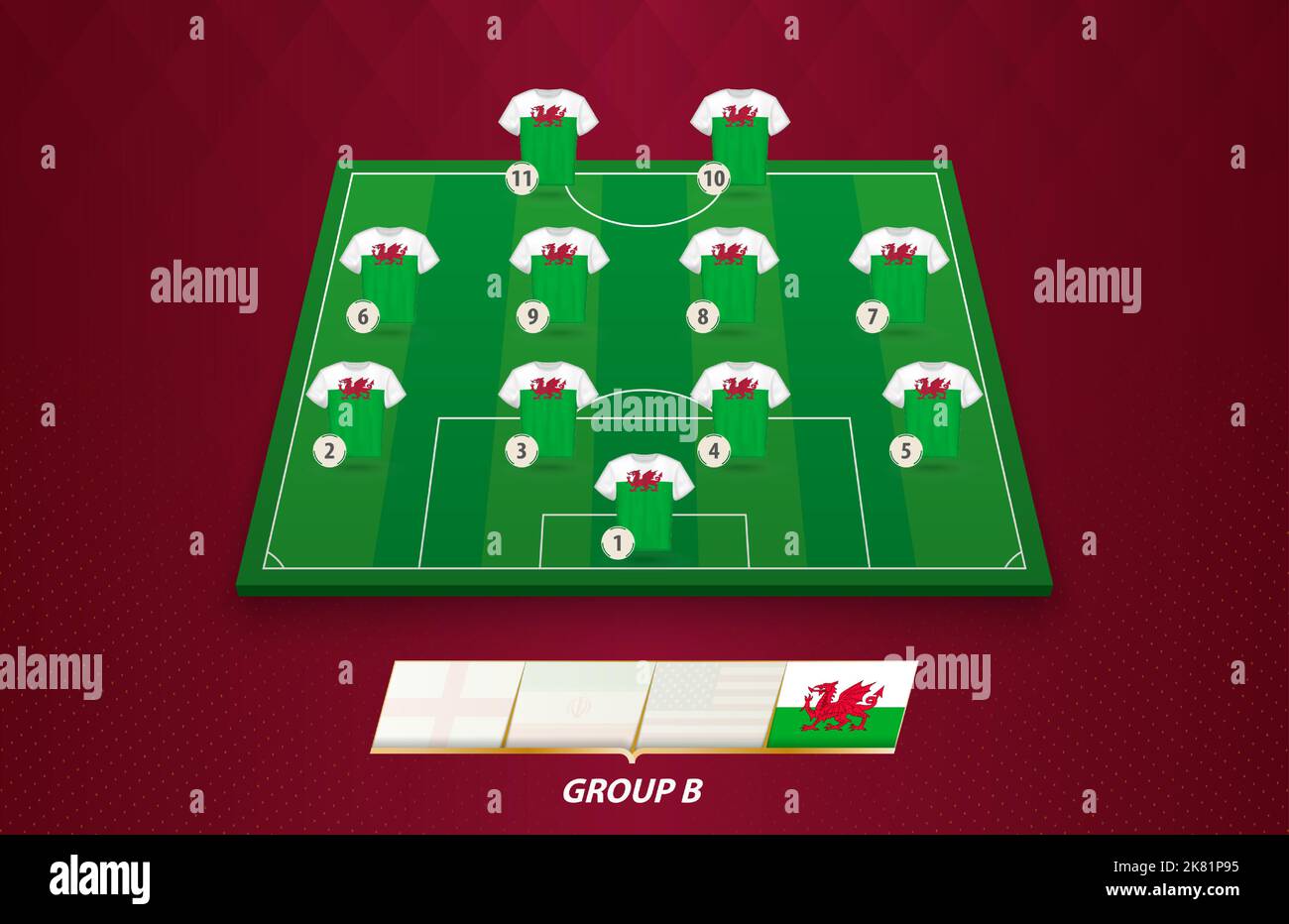 Terrain de football avec équipe du pays de Galles pour la compétition européenne. Joueurs de football sur un demi-terrain de football. Illustration de Vecteur