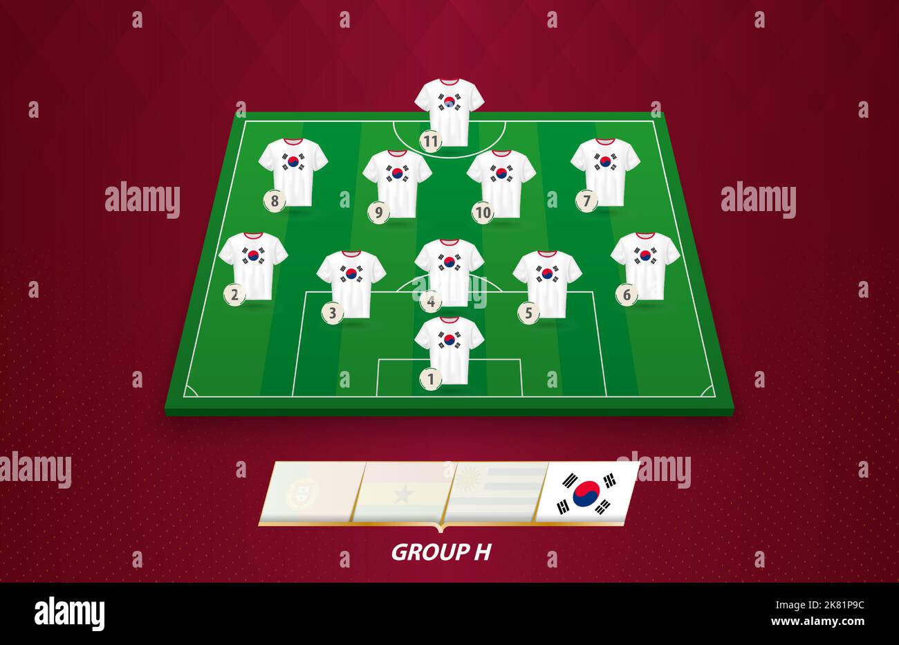 Terrain de football avec équipe sud-coréenne pour la compétition européenne. Joueurs de football sur un demi-terrain de football. Illustration de Vecteur