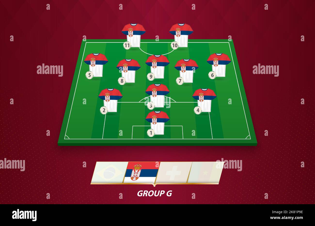 Terrain de football avec équipe de Serbie pour la compétition européenne. Joueurs de football sur un demi-terrain de football. Illustration de Vecteur