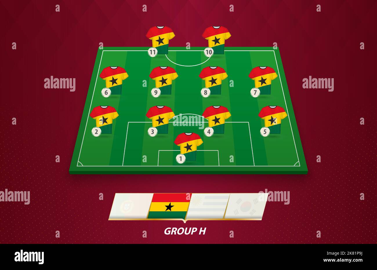 Terrain de football avec équipe du Ghana pour la compétition européenne. Joueurs de football sur un demi-terrain de football. Illustration de Vecteur