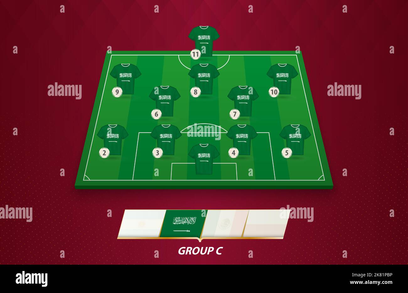 Terrain de football avec équipe d'Arabie Saoudite pour la compétition européenne. Joueurs de football sur un demi-terrain de football. Illustration de Vecteur