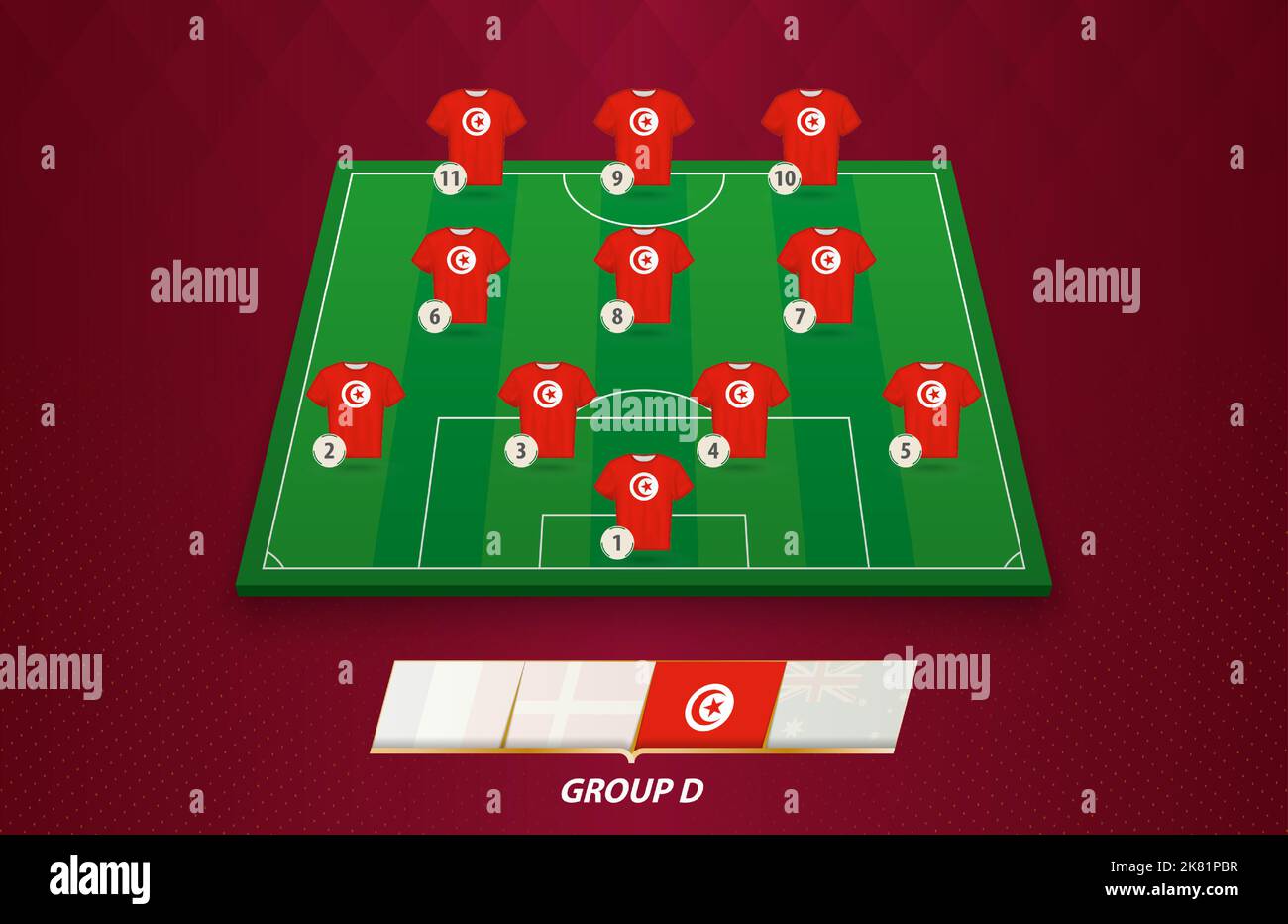 Terrain de football avec équipe de Tunisie pour la compétition européenne. Joueurs de football sur un demi-terrain de football. Illustration de Vecteur