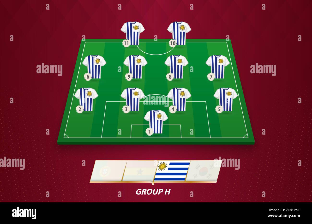 Terrain de football avec équipe Uruguay pour la compétition européenne. Joueurs de football sur un demi-terrain de football. Illustration de Vecteur