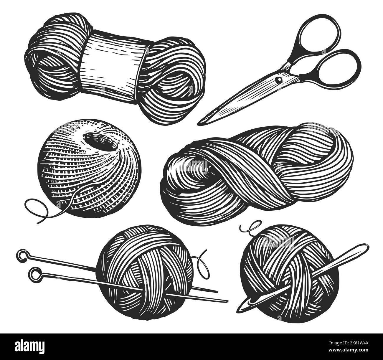 Concept de tricot. Mélis, laine de pelote, balle de fil avec aiguilles. Outils pour l'artisanat, le tricotage à la main, l'artisanat Banque D'Images