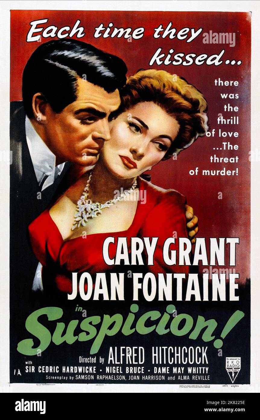 Cary Grant & Joan Fontaine Poster film: Suspicion (1941) personnages: Johnnie, Lina Directeur: Alfred Hitchcock 14 novembre 1941 **AVERTISSEMENT** cette photographie est à usage éditorial exclusif et est le copyright de RKO et/ou le photographe assigné par la Société du film ou de la production et ne peut être reproduite que par des publications dans le cadre de la promotion du film ci-dessus. Un crédit obligatoire pour RKO est requis. Le photographe doit également être crédité lorsqu'il est connu. Aucune utilisation commerciale ne peut être accordée sans l'autorisation écrite de la Société du film. Banque D'Images