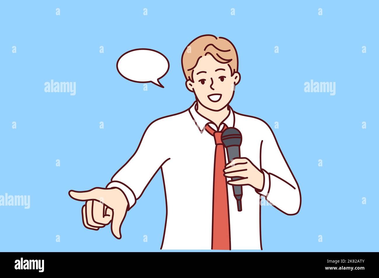 Jeune homme confiant avec microphone faire la parole devant le public. Haut-parleur ou coach masculin souriant avec micro ou faire une présentation. Illustration vectorielle. Illustration de Vecteur