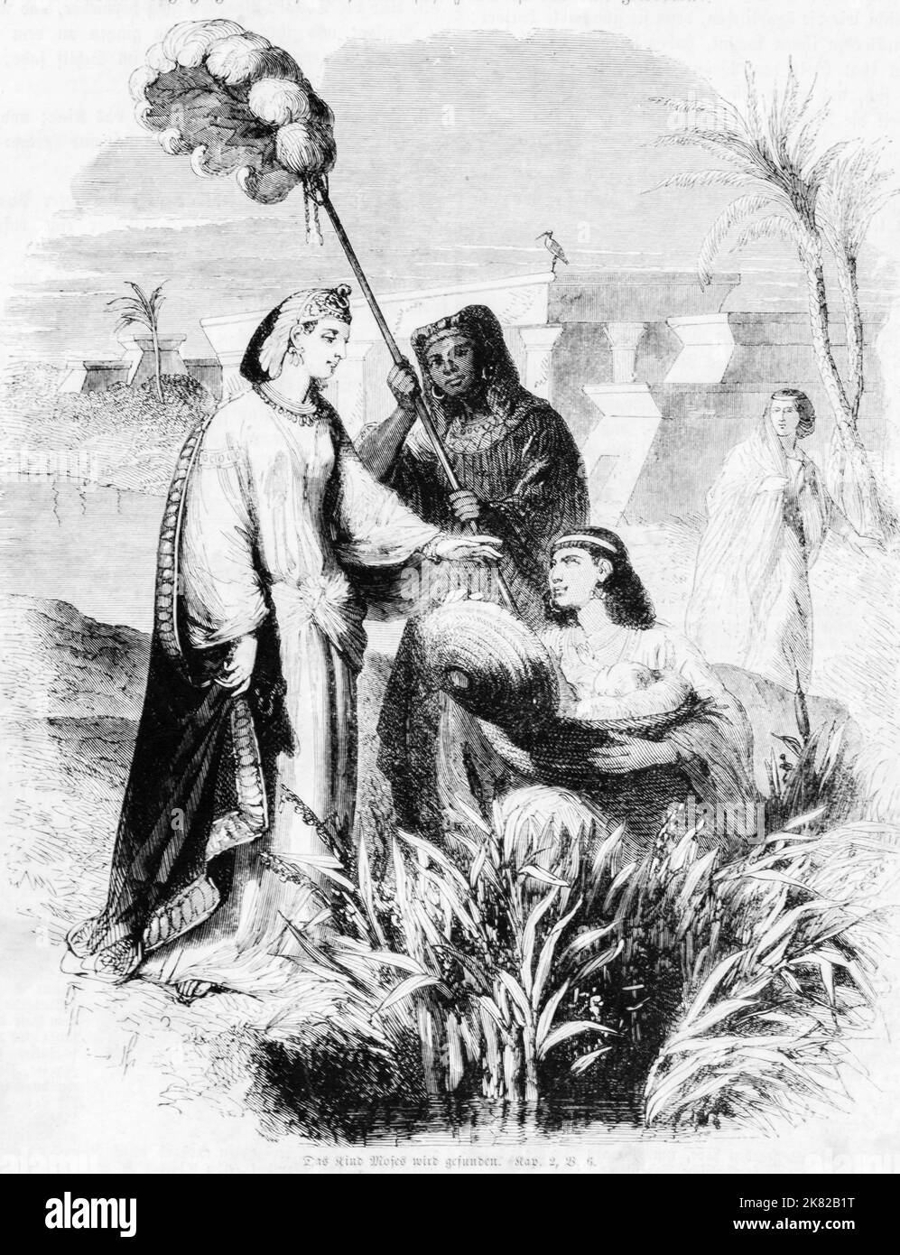 On trouve l'enfant de Moïse, Bible, ancien Testament, deuxième Livre de Moïse, Genèse, Chapitre 2, verset 6, Illustration historique 1850 Banque D'Images