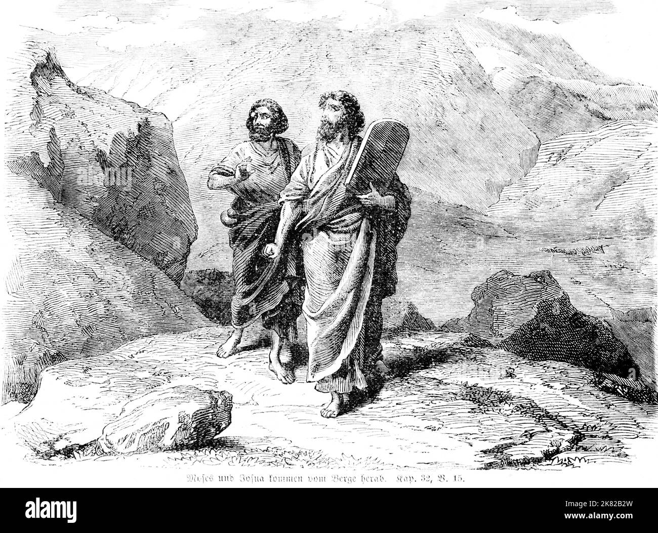 Moïse et Josué descendant la montagne, Bible, ancien Testament, deuxième Livre de Moïse, Genèse, Chapitre 32, verset 15, Illustration historique 1850 Banque D'Images