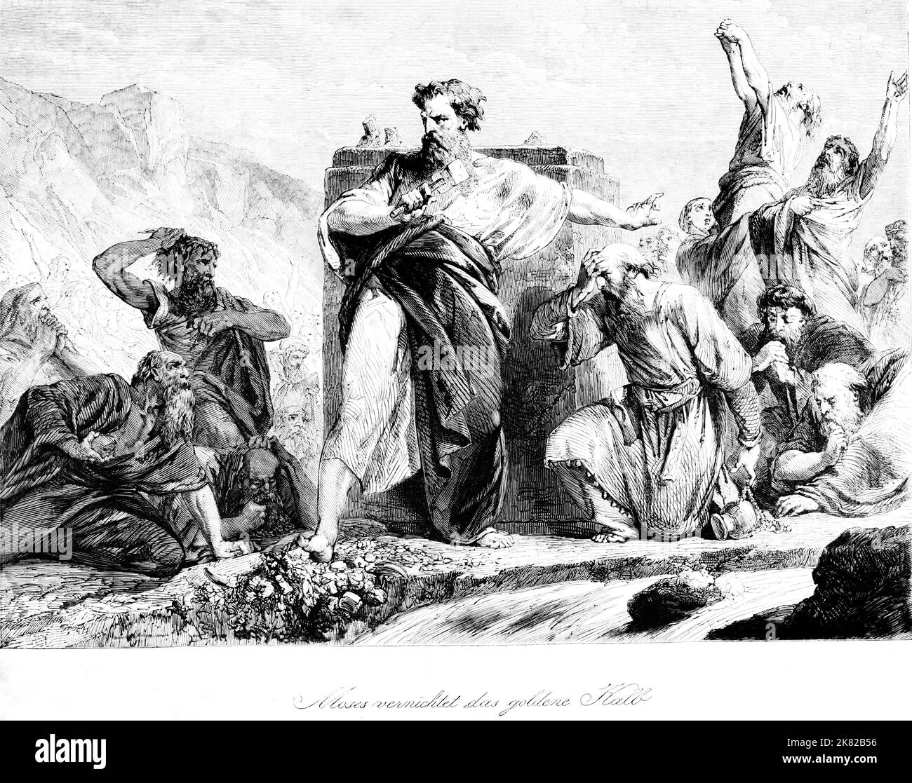 Moïse détruit le veau d'or, , la Bible, l'ancien Testament, le deuxième Livre de Moïse, la Genèse, l'illustration historique 1850 Banque D'Images