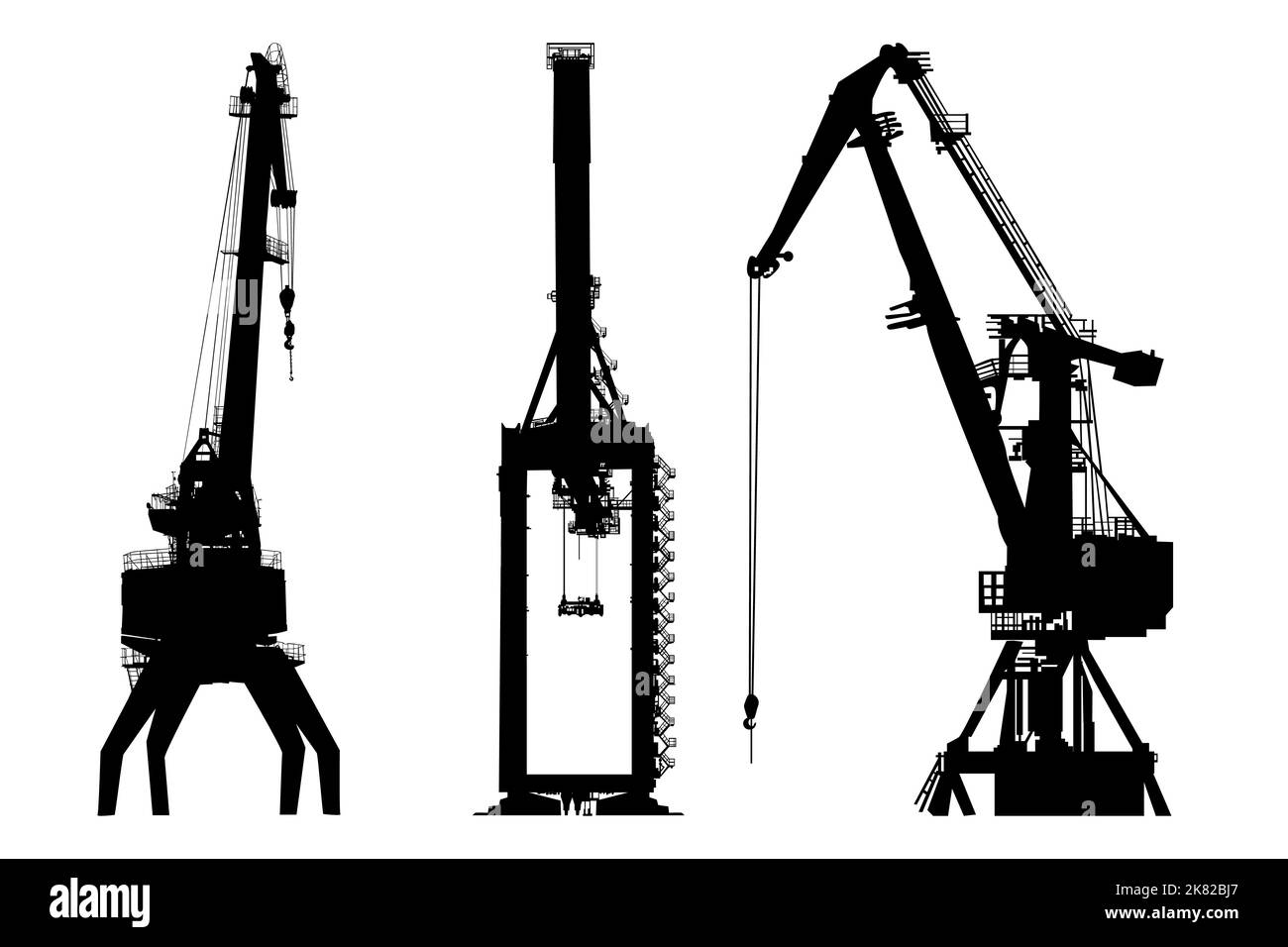 Jeu de grues de chargement. Grue de port, treuils et silhouette d'ascenseur. Équipement de port d'expédition.grue de chantier ou de tour de cargaison de construction.Illustration vectorielle Illustration de Vecteur