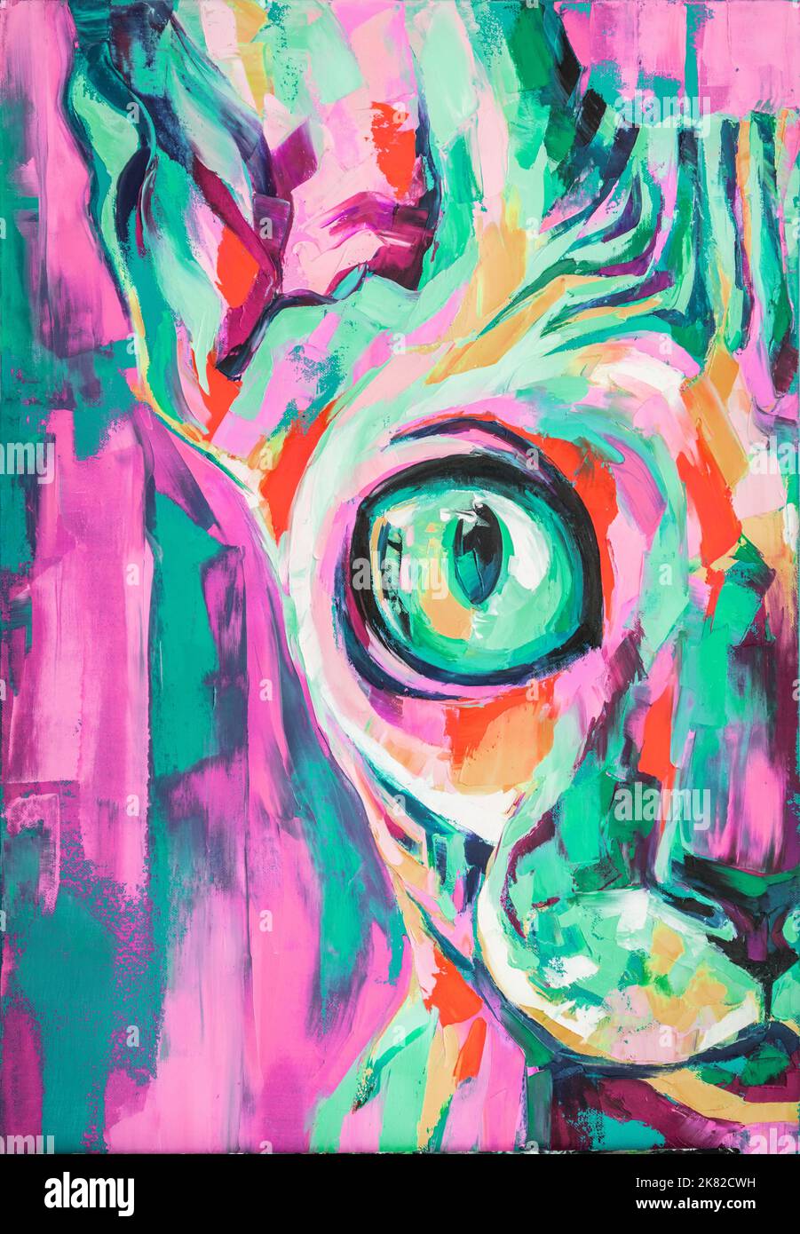Huile phoenix Cat portrait peinture dans des tons fluorescents. Peinture conceptuelle d'un museau de chat. Gros plan d'une peinture à l'huile et couteau à palette sur toile. Banque D'Images