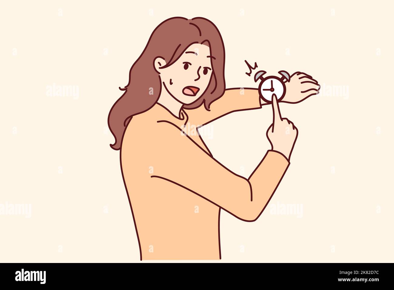 Femme stressée point à la montre se sentant angoissée au sujet de la date limite. Fille inquiet frustrée par le temps manqué ou rendez-vous. Illustration vectorielle. Illustration de Vecteur