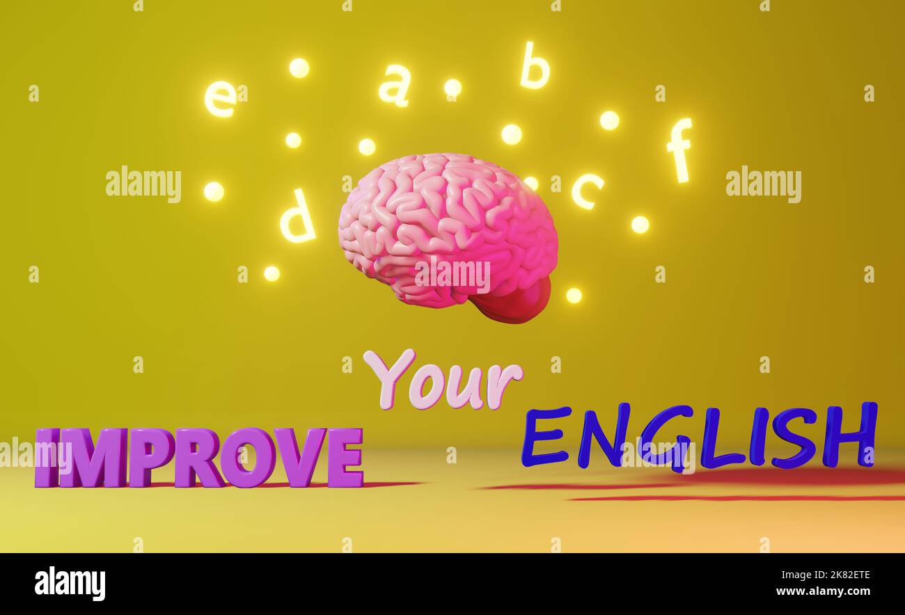 Améliorez votre anglais apprentissage de la maîtrise de la langue étrangère étudier la lettre du cerveau humain fond jaune 3D rendu. Edition de l'application en ligne à distance de la mémoire Banque D'Images