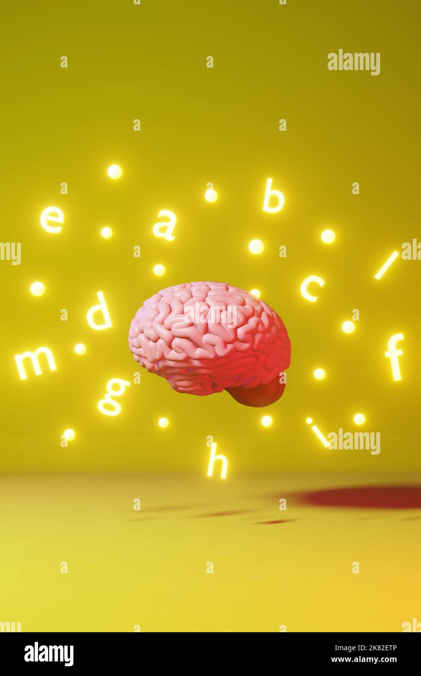 Apprentissage de l'anglais amélioration de la maîtrise des langues étrangères étudier les lettres du cerveau humain fond jaune 3D rendu. Edition de l'application en ligne à distance de la mémoire Banque D'Images