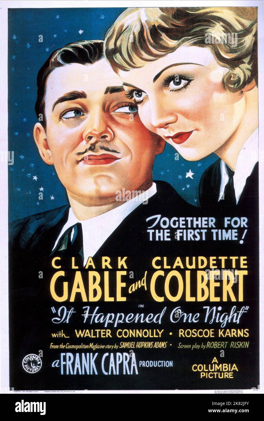 Clark Gable & Claudette Colbert Poster film: IT Ame One Night (1934) personnages: Peter Warne, Ellie Andrews Directeur: Frank Capra 22 février 1934 **AVERTISSEMENT** cette photographie est à usage éditorial exclusif et est le droit d'auteur de COLUMBIA et/ou le photographe assigné par la Société du film ou de la production et ne peut être reproduite que par des publications dans le cadre de la promotion du film ci-dessus. Un crédit obligatoire pour LA COLOMBIE est requis. Le photographe doit également être crédité lorsqu'il est connu. Aucune utilisation commerciale ne peut être accordée sans l'autorisation écrite de la Société du film. Banque D'Images