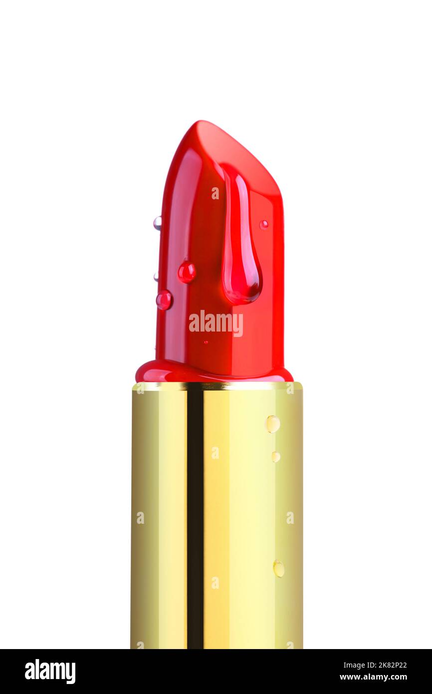 Belle rouge à lèvres avec eau ou gel hydratant gouttes isolées sur blanc. Produit de maquillage moderne Banque D'Images