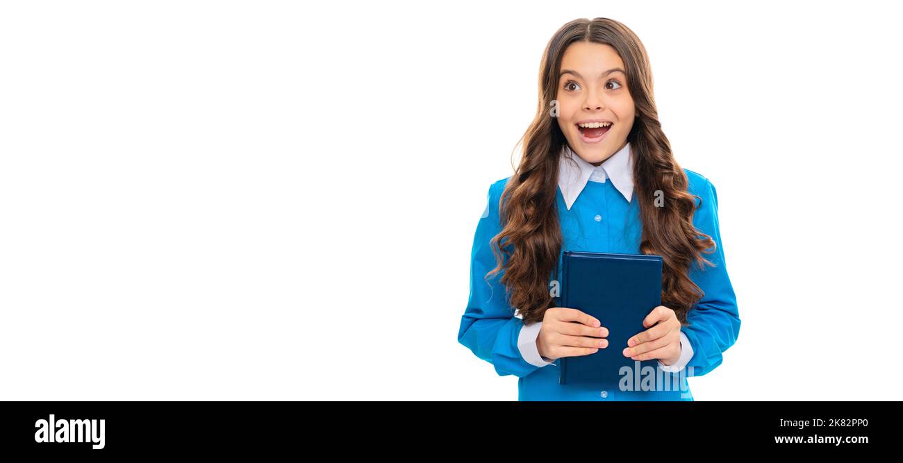 La lecture augmente mon vocabulaire. Livre surprise de garde d'enfants. École littéraire. Anglais littéraire. Bannière de l'école fille étudiante. Écolière élève Banque D'Images