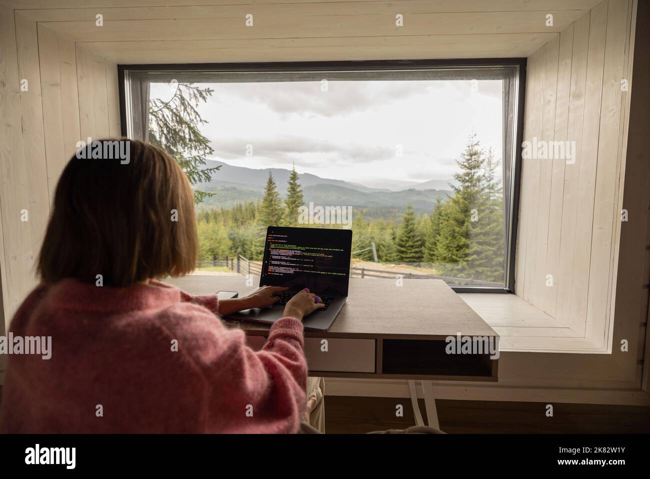 Femme travaille sur ordinateur portable à distance dans la maison sur la nature Banque D'Images